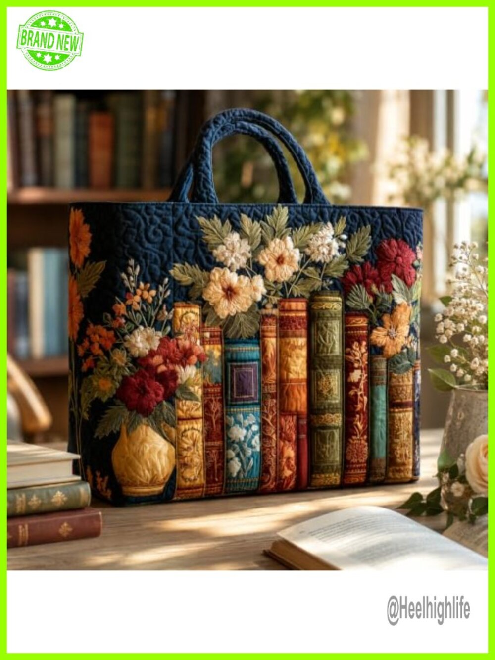 Quilted Tote Bag Large Shoulder Carryall Vintage Book Floral Art Women
